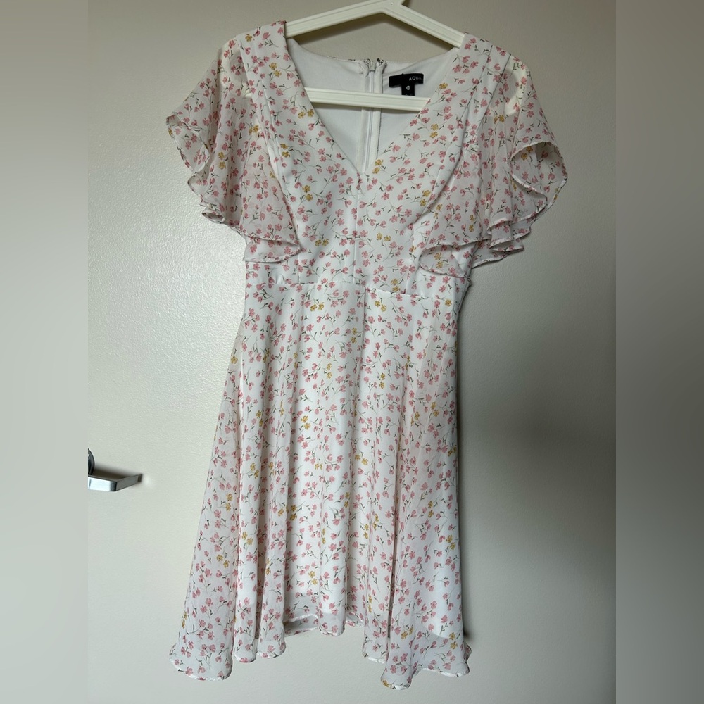 Aqua White Floral Flutter Sleeve Midi Dress